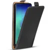 A black flip case for a smartphone is shown with the front cover open. Produktbild-Vorschau