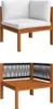 Two views of a wooden corner lounge chair set with white cushions and a woven backrest. Produktbild-Vorschau