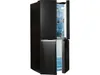 A black Hisense refrigerator with both top and bottom doors open, showing its interior compartments and some items inside. Produktbild-Vorschau