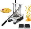 A vertical french fry cutter with a plate of fries and ketchup, and loose fries. Náhled obrázku produktu