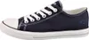 A side view of a navy blue canvas sneaker with white laces and a white rubber sole. Produktbild-Vorschau