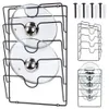 A black metal pot lid organizer with two glass lids on it, shown with additional organizers and screws on the right. Produktbild-Vorschau