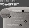 Close-up marketing image of a grey pouf highlighting its features with text overlays. Podgląd zdjęcia produktu