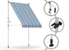 A striped awning is shown supported by poles, with close-up insets highlighting its adjustable features. Produktbild-Vorschau