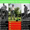 Collage of three men using garden trimming tools in outdoor settings, with feature comparisons below. Produktbild-Vorschau
