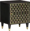 A single black nightstand with a decorative gold geometric pattern on the door and gold accents on its legs, shown from a three-quarter angle against a white background. Náhled obrázku produktu