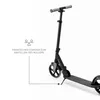 A black scooter is shown on a white background with a diagram and text highlighting its stand. Produktbild-Vorschau