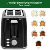 A black toaster with a dial and buttons, shown next to seven examples of toast with different browning levels. Produktbild-Vorschau