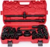 A red plastic case containing a set of black metal tools, including sockets, extensions, and a ratchet. Produktbild-Vorschau