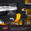 Close-up view of a grill's internal mechanism and a feature demonstration with arrows. Produktbild-Vorschau