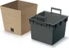 Two planters are shown on a white background. One is a square, low planter with a textured, wood-like finish. The other is a dark gray, square plastic insert with handles and a divider. Náhľad obrázku produktu