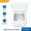 An open chest freezer with informational icons and text on the left, and the brand logo and slogan at the bottom right. Produktbild-Vorschau
