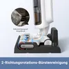 A cutaway view of a cordless wet and dry vacuum cleaner's cleaning head and base, illustrating its self-cleaning function and dual-edge brush. Produktbild-Vorschau