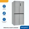 A silver refrigerator with feature icons and text on a white background. Produktbild-Vorschau