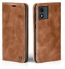 A brown leather flip case for a smartphone is shown from two angles. Produktbild-Vorschau