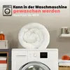 A rolled-up duvet is placed on top of a washing machine, with text indicating it is machine washable. Produktbild-Vorschau