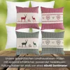 A collage of four decorative pillows arranged in a 2x2 grid, with two white pillows in the background and two patterned pillows in the foreground of each side. The pillows have a rustic, country-style design with deer and heart motifs, and gingham borders. Produktbild-Vorschau