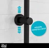 A close-up view of a black shower head holder on a tiled wall, with arrows indicating height adjustability and a circular graphic with text. Produktbild-Vorschau