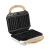 An open waffle maker with wooden handles, displayed against a white background. Podgląd zdjęcia produktu