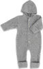 A grey baby overall with a hood and wooden buttons, laid flat against a white background. Produktbild-Vorschau