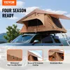 A tan rooftop tent is mounted on top of a gray SUV, with a mountainous landscape in the background. The image also features three inset close-up shots highlighting the tent's features. Anteprima dell’immagine prodotto