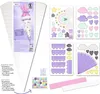 A collage of craft supplies for making a school cone, including decorative elements, pom-poms, ribbon, and a needle. Produktbild-Vorschau