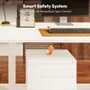 A white desk with a computer monitor, keyboard, and a desk organizer. An orange arrow indicates upward movement. Produktbild-Vorschau