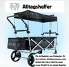 A black wagon with a canopy, set against a light blue background. Text overlays describe its features and uses. Produktbild-Vorschau