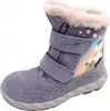A single purple winter boot with a unicorn and rainbow design, trimmed with pink faux fur. Produktbild-Vorschau