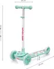 A mint green three-wheeled children's scooter with colorful graphics and measurement indicators. Podgląd zdjęcia produktu