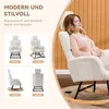 A woman relaxing in a white teddy plush rocking chair, with smaller images of the chair from different angles. Náhľad obrázku produktu