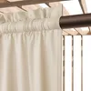 A close-up view of a cream-colored outdoor curtain hanging from a dark rod, attached to a wooden structure. Produktbild-Vorschau