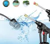 A cordless pressure washer being used in water, with small circular images of a bucket, pool, and lake at the top. Podgląd zdjęcia produktu