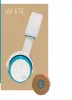 A white and blue headphone with a tan ear cushion next to it, set against a tan and teal background. Produktbild-Vorschau