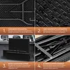 A collage of four images showcasing features of a folding picnic set. The top left shows the metal frame, top right shows the rattan-look plastic surface with water droplets, bottom left shows the folded set in a car trunk, and bottom right shows the foldi Náhľad obrázku produktu