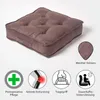 A brown velour seat cushion is shown with several icons and text describing its features. Náhled obrázku produktu