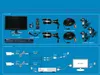 Diagram showing the contents of a surveillance system box and how to install it. Produktbild-Vorschau
