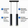 Two black pendant lights are shown with descriptive text highlighting their features. Náhled obrázku produktu