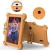 A child's tablet with a bear-shaped case, shown from the front and back, with close-up views of the cameras. Produktbild-Vorschau
