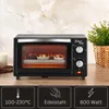 A black Zilan mini oven is shown on a wooden surface, with muffins baking inside. The background is a marble-patterned wall. Below the oven are three informational icons. Produktbild-Vorschau