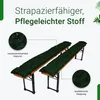 Two dark green bench cushions on wooden benches, with close-up insets highlighting material and stitching. Produktbild-Vorschau