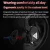 A close-up of a black earbud on a black background, with text overlays describing its features and a diagram of an ear with sound waves. Produktbild-Vorschau