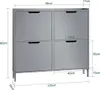 A gray shoe cabinet with four doors, shown with dimensions and measurements. Náhled obrázku produktu
