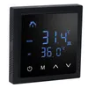 A black digital thermostat with a blue LED display showing temperature readings and control icons. Voir les images du produit