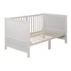A white baby crib with wooden slats and a wooden frame, shown from a side angle against a white background. Produktbild-Vorschau