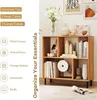 A wooden bookshelf filled with decorative items and books, with marketing text on the left side. Podgląd zdjęcia produktu