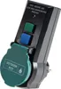 A close-up, angled shot of an outdoor RCD plug adapter with a green protective cover. Produktbild-Vorschau