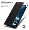 A black phone case is shown open, revealing a smartphone screen. Text describes the magnetic closure feature. Náhled obrázku produktu