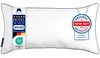 A white pillow with a dark blue trim, featuring several labels and tags. Produktbild-Vorschau