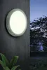 A round outdoor ceiling light mounted on a dark wall, with trees and a twilight sky in the background. Podgląd zdjęcia produktu